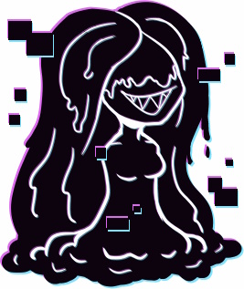 A small, grinning, inky blob-girl with sharp teeth.